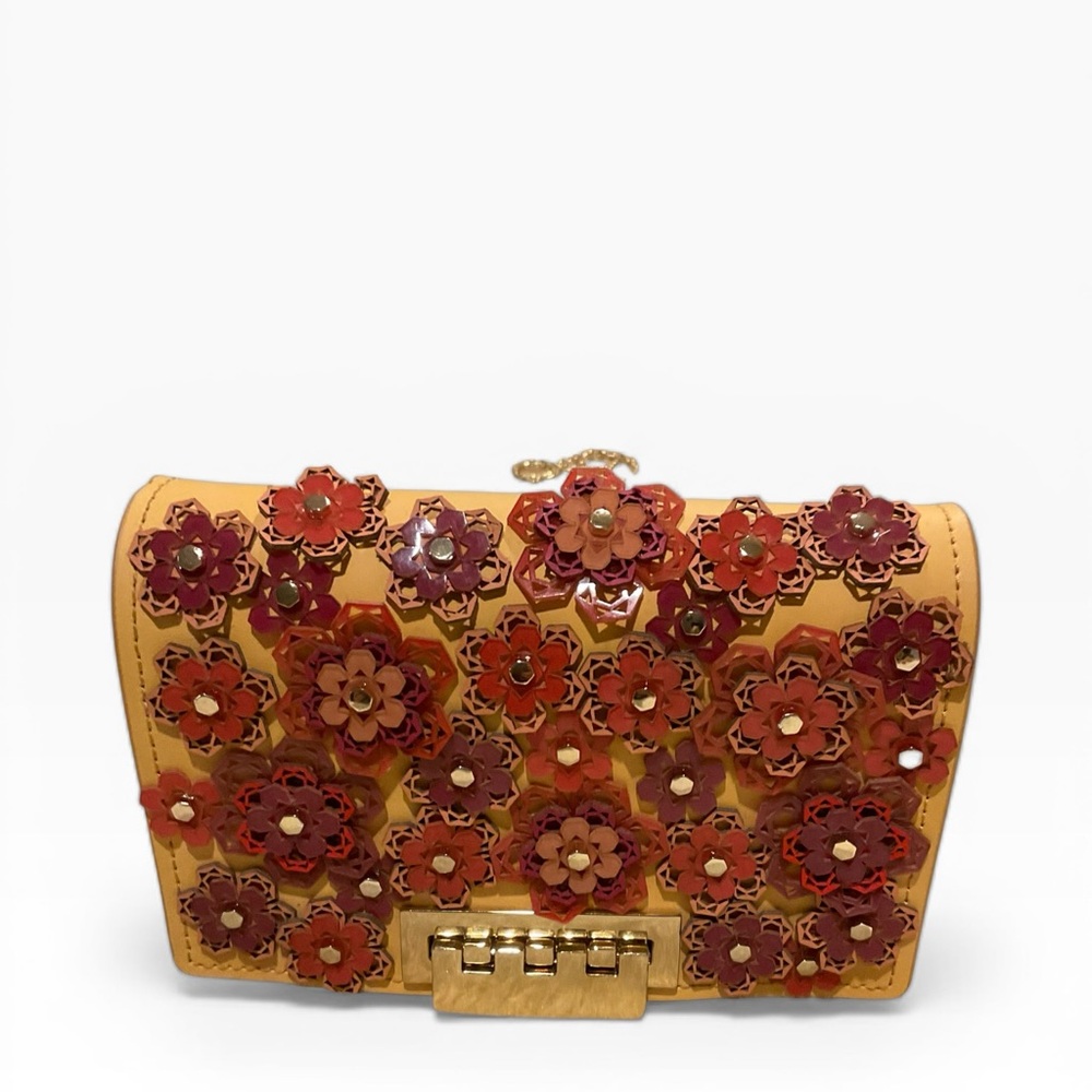 Zac Posen Yellow Floral Appliqué Clutch with Red and Burgundy Flowers